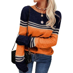 Imily Bela Women's Spring and Autumn Fashion Sweater, Color-Block Lightweight Striped Round Neck Trendy Pullover for Winter - 1 of 4
