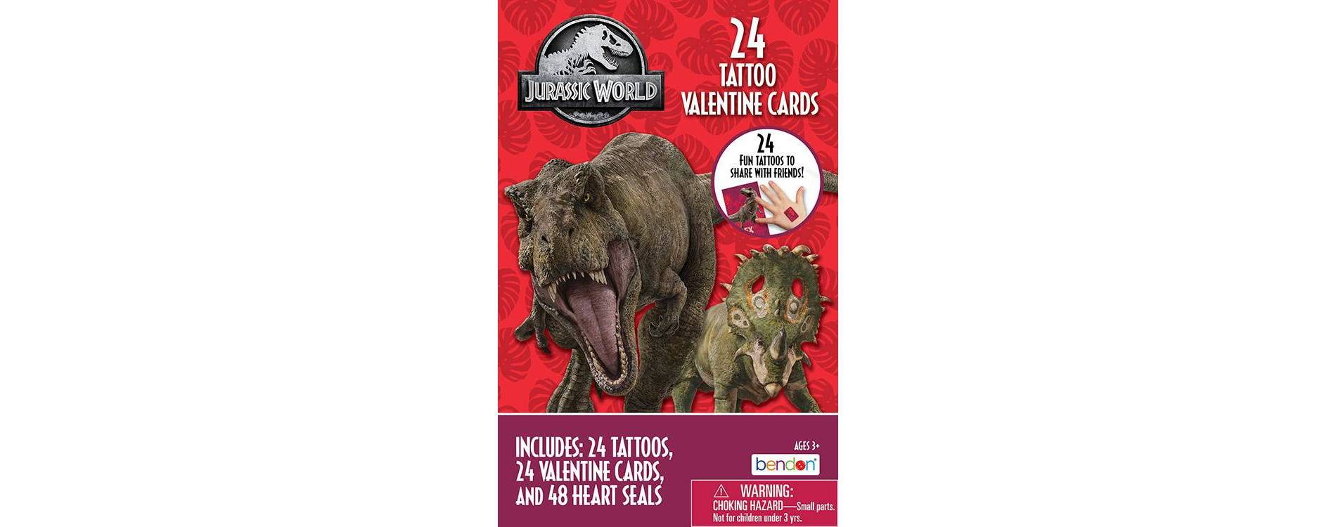 Bendon 24ct Universal Jurassic World Tattoos and Valentine's Day Cards with 48ct Heart Seals