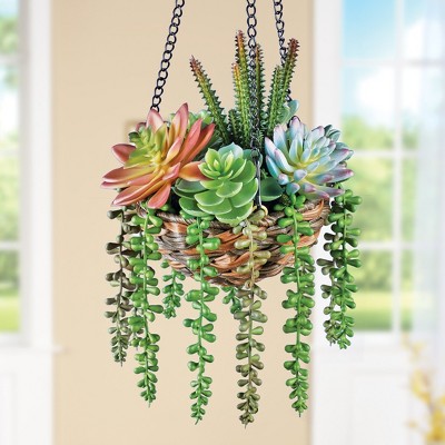 Colorful Faux Succulent Topiary in Woven Rattan Basket