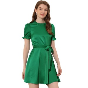 Allegra K Women's Elegant Satin Short Sleeve Tie Waist Business Casual Dresses - 1 of 4