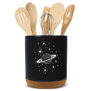 Elanze Designs 8 inch Galactic Stars and Planet Large Ceramic Kitchen Utensil Holder Black and White Crock with Cork Base - 1 of 4