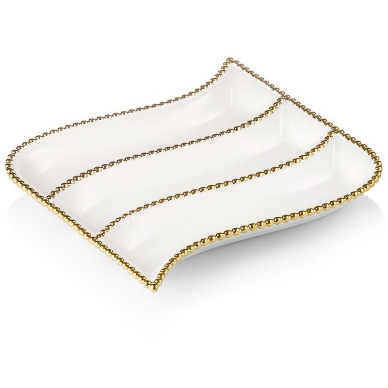 Classic Touch 11” White Porcelain 3 compartment relish dish with Gold Beaded Border, 1 of 6