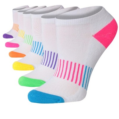 Tipi Toe Women's 6 Pack Breathable Comfort Running Classic White With Multicolor Stripes & Toe Womens Low Cut Socks