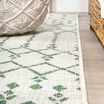 Green and Ivory Geometric Flat Woven Runner Rug