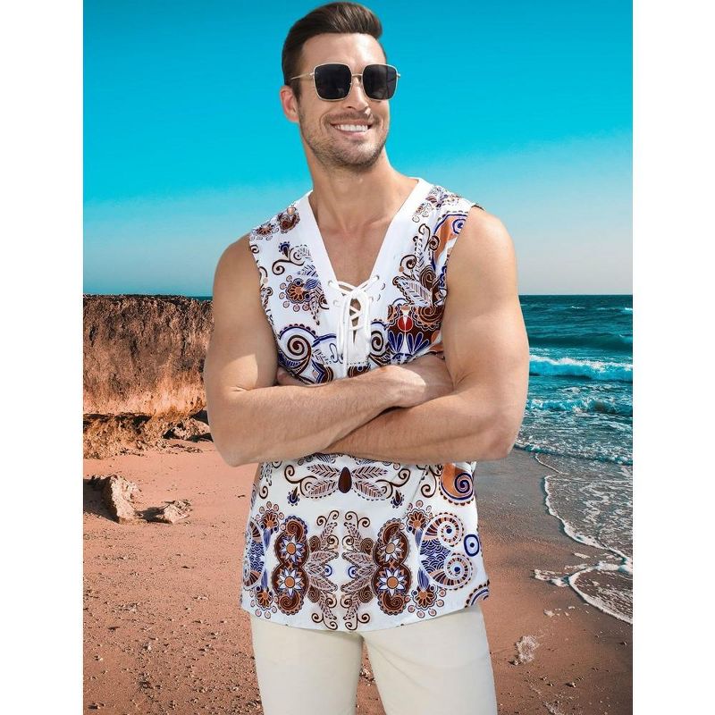Men's Cotton Linen Tank Top Shirts Casual Sleeveless Lace Up Beach Hippie Tops Bohemian Renaissance Pirate Tunic, 5 of 7