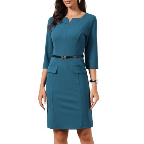 Женские платья INSPIRE CHIC Women's 3/4 Sleeve V Neck Casual Business Office Bodycon Sheath Dresses with Belt Small Blue