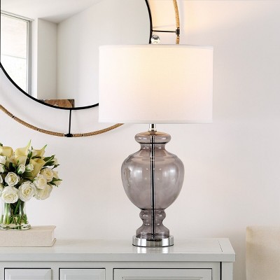 Translucent Grey Glass Table Lamp Set, 27" with Off-White Shade