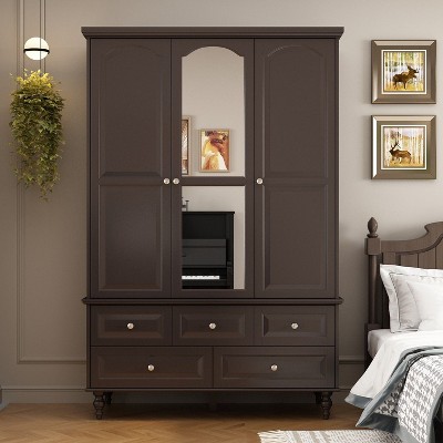 FUFU&GAGA Brown Wardrobe with Mirror Large Space 3 Doors 5 Drawers