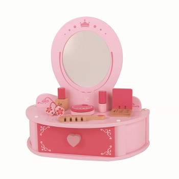 Hape Toys Petite Pink Vanity Toy Wooden Beauty Desk with Drawer, Mirror, and Pretend Makeup Kit, Hairbrush, Lipstick Roll, Compact, Perfume, and Puffs