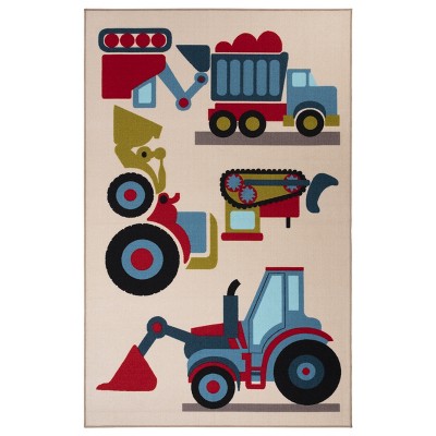 Country Trucking Non-Slip Kids Playroom Decor Washable Indoor Area Rug, 5' x 8', Ivory - Blue Nile Mills