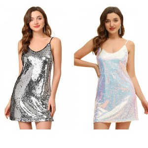 Allegra K Women's Glitter Sequin Spaghetti Strap V Neck Cocktail Sparkly Mini Dress 2 Packs - 1 of 4