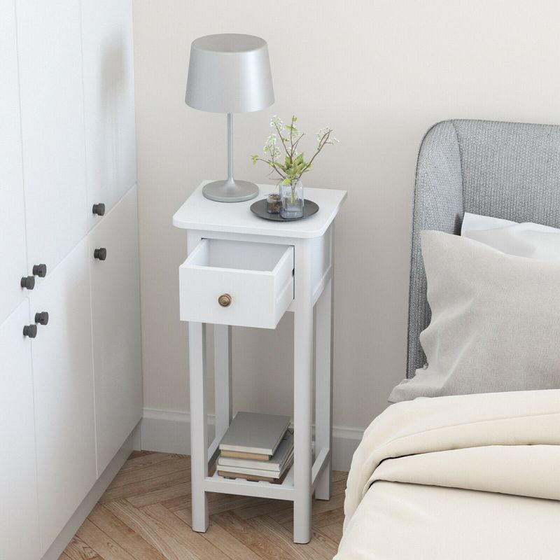 Tangkula Narrow Side Table Small End Table for Small Spaces Farmhouse Acacia Wood Slim Sofa Table Thin Nightstand w/Drawer & Open Shelf White, 2 of 9