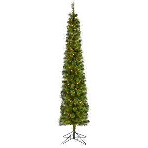 7ft. Green Pencil Artificial Christmas Tree with 150 Clear Multifunction LED Lights and 338 Branches – Stylish Slim X-Mas Tree - 1 of 4