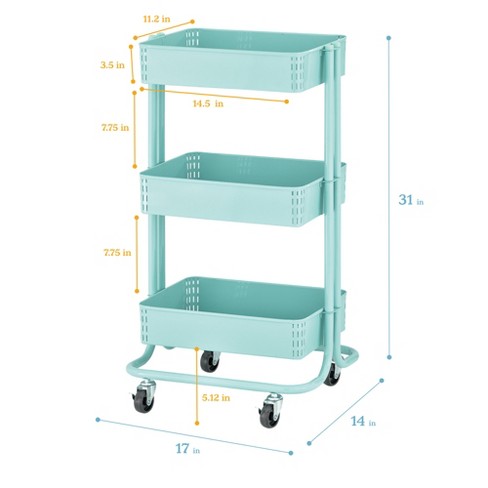 AOODA 3 Tier Under Desk Rolling Cart with Handle and Lockable Wheels, 27''  Height Small Metal Book Cart Mobile Art Cart Rolling Storage Organizer for
