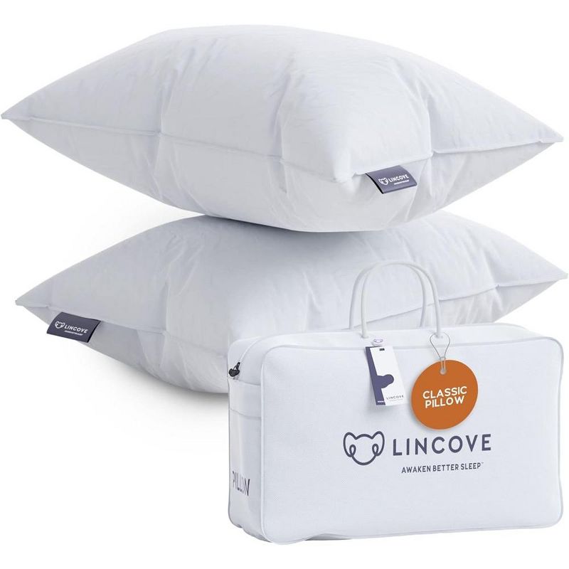 Lincove Down & Feather Bed Pillows - Luxury Hotel Collection, 100% Cotton, 600 Thread Count, Made in USA - 2 Pack, 1 of 9