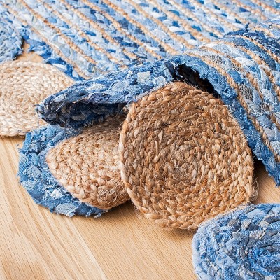 Handmade Blue Cotton Geometric Flat Woven Square Rug