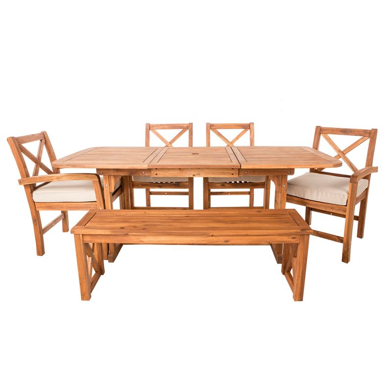 6pc Acacia Wood X-Back Patio Dining Set with Bench - Brown - Saracina Home, 1 of 7