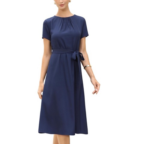 Женские платья INSPIRE CHIC Women's Summer Work Pleated Short Sleeve Crew Neck Belted A Line Midi Dresses Small Navy Blue