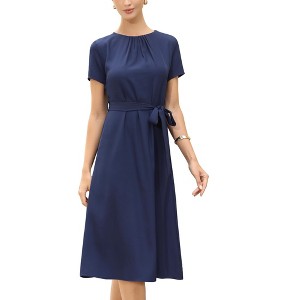 INSPIRE CHIC Women's Summer Work Pleated Short Sleeve Crew Neck Belted A Line Midi Dresses - 1 of 4