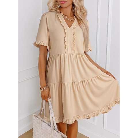 Женские платья YesFashion Womens Dresses Summer Spring V Neck Short Sleeve Casual A Line Flowy Swing Shift Dress Mini Dress Apricot S