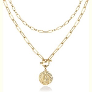 14K Gold Minimalist Layered Necklace with Geometric Charms - 1 of 4