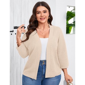 YESFASHION Womens Plus Size Summer Cardigan 3/4 Length Sleeve Sweaters Lightweight Casual Knitted Open Front Cardigans - 1 of 4