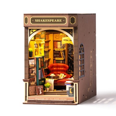 Robotime 3D Wooden Bookstore Library Book Nook Model,Building Kit DIY Dollhouse Bookshelf Desk Decor Gifts, Multicolored, 7.28''*3.94''*9.53''