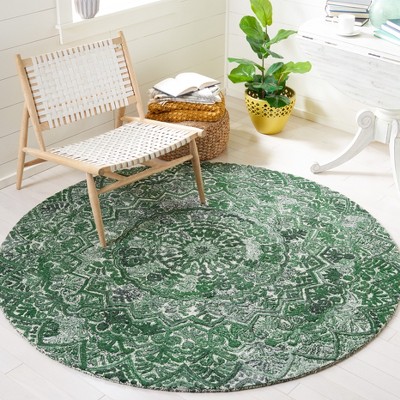 Green and Ivory Round Hand-Tufted Floral Wool Rug