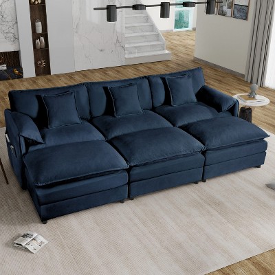 DOMETOUR Oversized Deep Seat Sectional Chenille Cloud Sofa Sleeper with 3 Ottomans & Soft Pillows, Modular Couch Bed for Living Room
