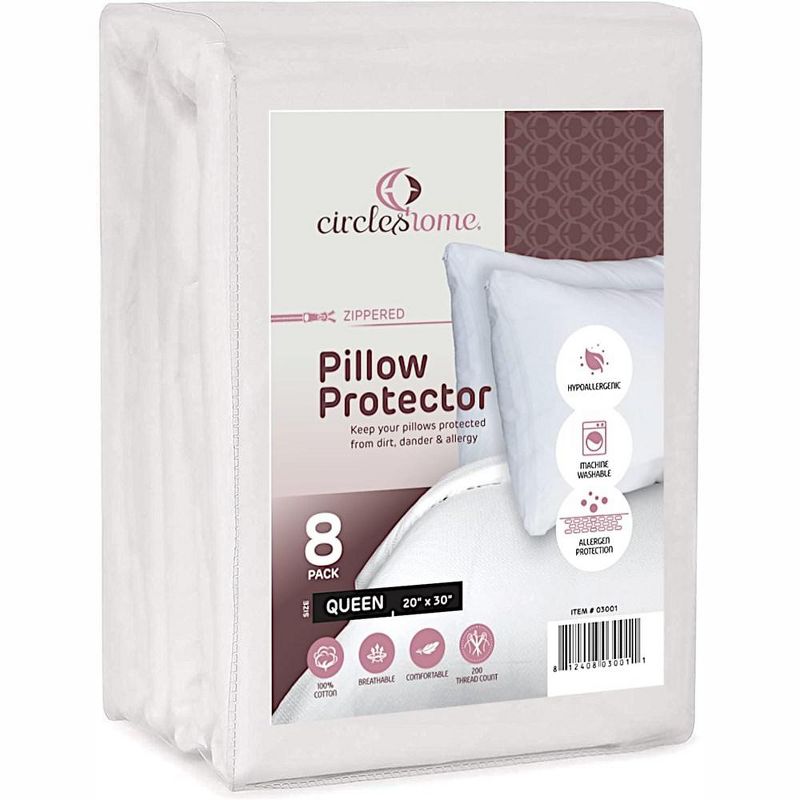 Circles Home 100% Cotton Breathable and Quiet Pillow Protector with Zipper – (8 Pack), 1 of 9