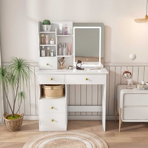 AENKYO Vanity Table with LED Mirror, 5-Drawer Makeup Desk with Hidden Retractable Mirror & 3-Color AdjustableLights, for Bedroom, White - 1 of 4