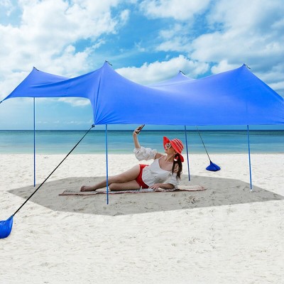 Costway Family Beach Tent Canopy w/4 Poles Sandbag Anchors 10'x9' UPF50+ Purple/Green/Blue