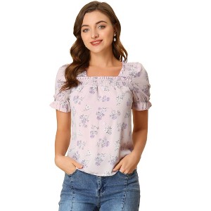 Allegra K Women's Square Neck Puff Short Sleeve Ruched Front Ruffle Floral Top - 1 of 4