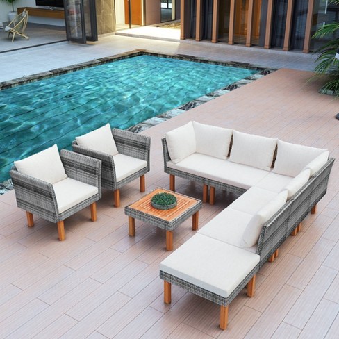 9pc Wicker Acacia Wood Patio Conversation Set With Cushions