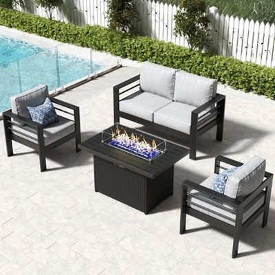 LayinSun Aluminum Furniture Set with Fire Pit Table, 4 Pieces Patio Sectional Conversation Chat Sofa Modern Seating Set