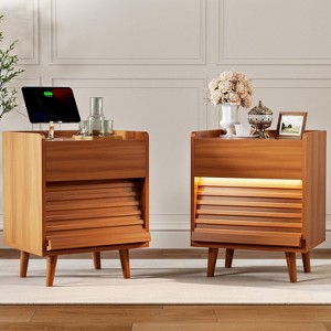 WOWLIVE Wooden Nightstand with 2 Drawers, Modern Bedside Table with Outlets & LED Lights, File Cabinet - 1 of 4