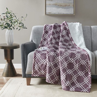 Plush to Faux-Shearling Heated Throw Blanket - Geometric Print with 5 Heat Settings, 3-Hour Auto Shut-Off, Machine Washable for Cozy Comfort