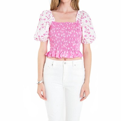 Women's Contrast Floral Smocked Top - 2.7 AUGUST APPAREL
