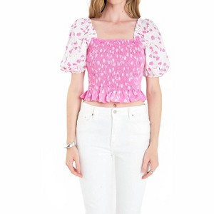 Women's Contrast Floral Smocked Top - 2.7 AUGUST APPAREL - 1 of 4