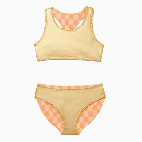 Rockets of Awesome Gold Reversible Bikini for Girls (Orange, 12/14)