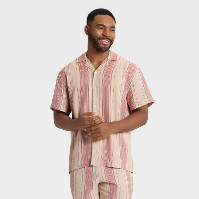 Men's Striped Linen-Blend Camp Shirt - Goodfellow & Co™ Beige/Pink