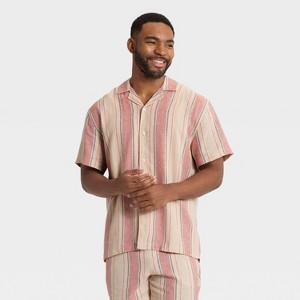 Men's Striped Linen-Blend Camp Shirt - Goodfellow & Co™ Beige/Pink - 1 of 3