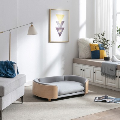 Lirago 38.58" W x 26.77" D x 11.02" H Elevated Dog Bed Pet Sofa Solid Wood Legs Light Gray Velvet Cushion with Removable Bolster Washable Large Size