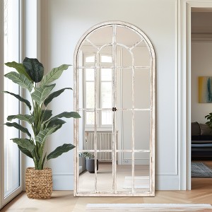 Wooakway Arch Solid Wood Accent Mirror Rustic Full Length Mirror for Living Room Bedroom Entryway Charcoal/Weathered White/White - 1 of 4