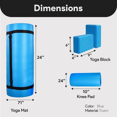 Extra Thick Blue High Density Foam Yoga Mat Set with Knee Pad and Blocks