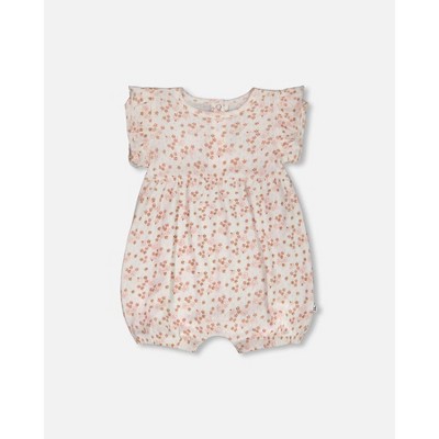Deux par Deux Girl Cotton Pointelle Romper with Frills Printed White and Pink Flowers