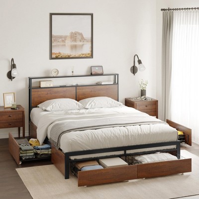 Hausource Queen/Full Size Bed Frame with Storage Headboard & Charging Station & 4 Drawers Platform Bed