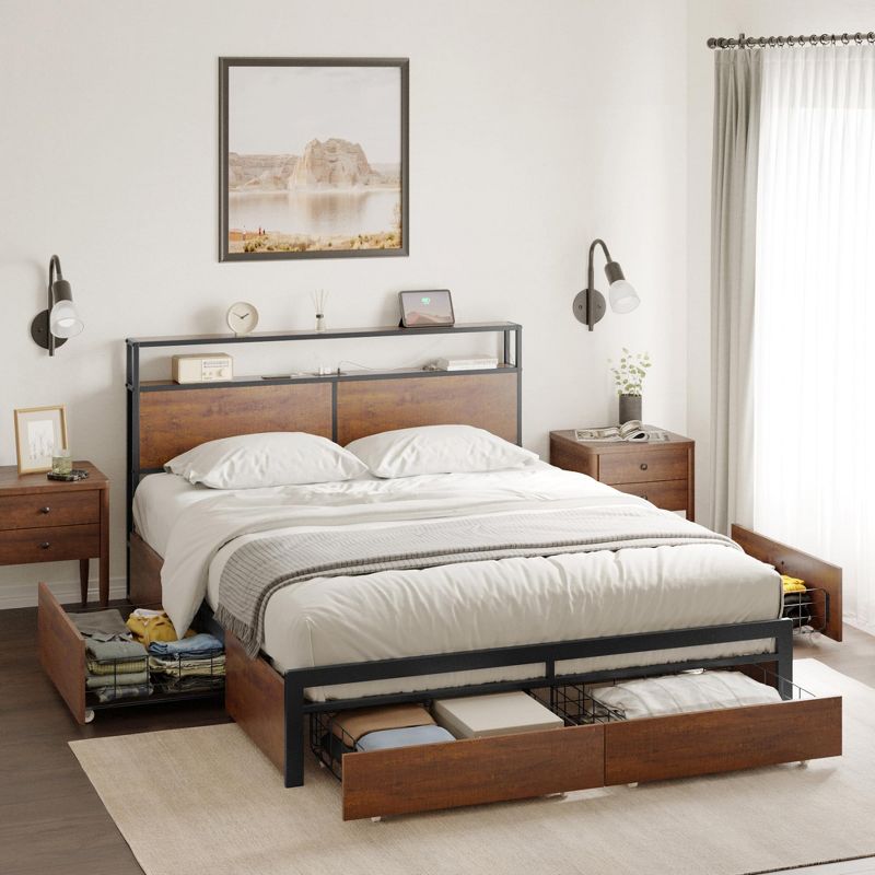 Hausource Bed Frame with Storage Headboard and 4 Drawers LED Lights Platform Bed No Box Spring Needed, 1 of 9