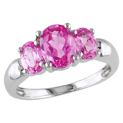 3 1/2 CT. T.W. Simulated Pink Sapphire 3 Stone Ring in Sterling Silver - 5 - Pink
