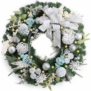 24 inch pre - lit wreath front door outdoor holiday decor collapsible lighted blue silvery whitexmas balls home porch window decor - 1 of 4